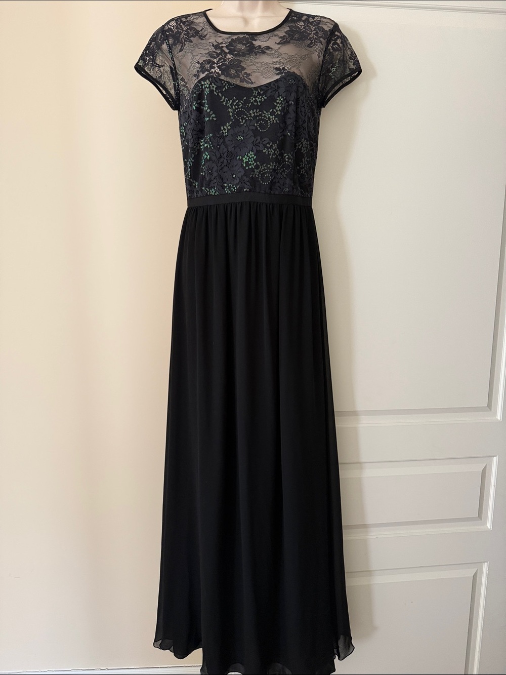 Black Lace Bodice Maxi Dress with Sheer Yoke